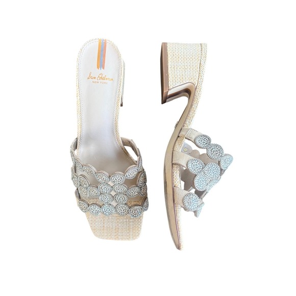 Sam Edelman Shoes - Sam Edelman Womens Crystal Embellished Raffia Block Heel Slide Sandals Beige 7